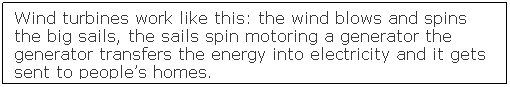 Text Box: Wind turbines work like this: the wind blows and spins the big sails, the sails spin motoring a generator the generator transfers the energy into electricity and it gets sent to people�s homes.
