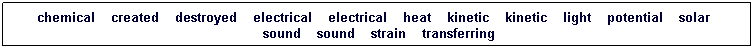 Text Box: chemical&nbsp;&nbsp; &nbsp;created&nbsp;&nbsp; &nbsp;destroyed&nbsp;&nbsp; &nbsp;electrical&nbsp;&nbsp; &nbsp;electrical&nbsp;&nbsp; &nbsp;heat&nbsp;&nbsp; &nbsp;kinetic&nbsp;&nbsp; &nbsp;kinetic&nbsp;&nbsp; &nbsp;light&nbsp;&nbsp; &nbsp;potential&nbsp;&nbsp; &nbsp;solar&nbsp;&nbsp; &nbsp;sound&nbsp;&nbsp; &nbsp;sound&nbsp;&nbsp; &nbsp;strain&nbsp;&nbsp; &nbsp;transferring
